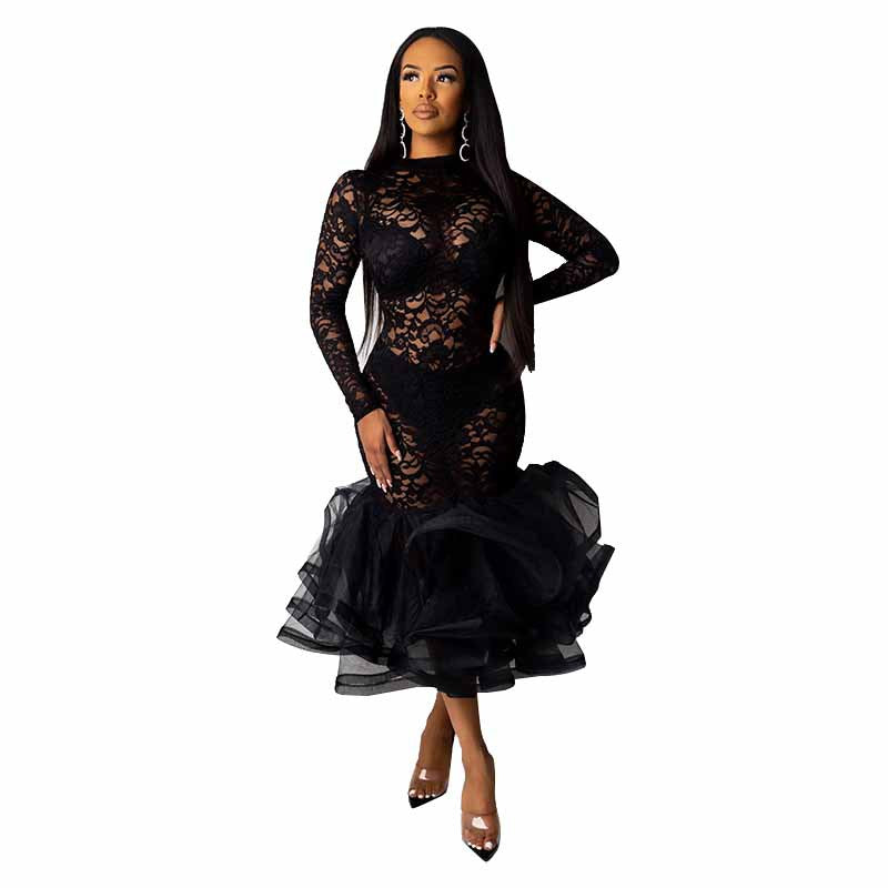 flowersverse High Waist Women's Dress Hollow Lace Plus Size Sexy Nightclub Skirt
