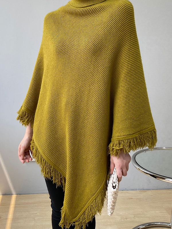 flowersverse Casual Loose Tasseled Solid Color High-Neck Sweater Tops
