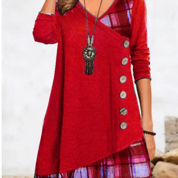 flowersverse Casual Patchwork Long Sleeve Dress For Women
