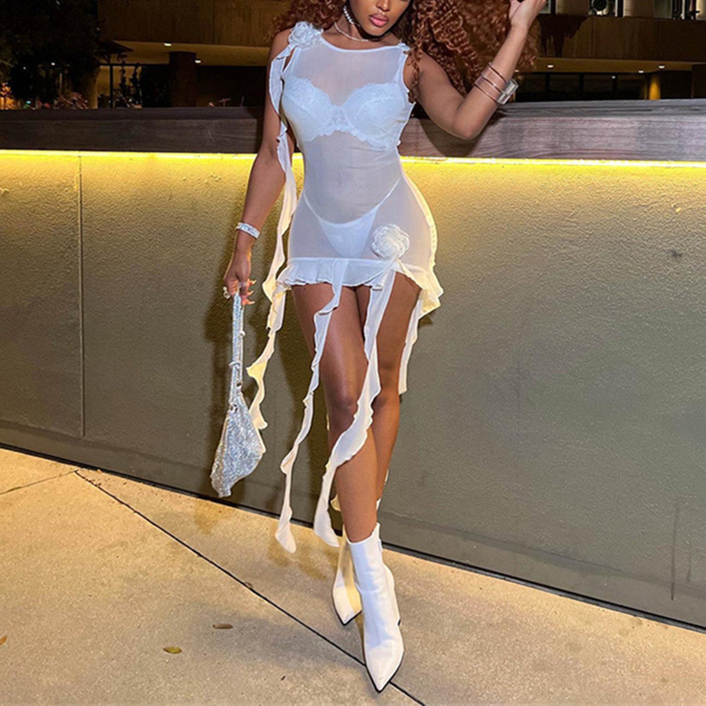 flowersverse Mesh Ruffle Tassel Bodycon Mini Dress