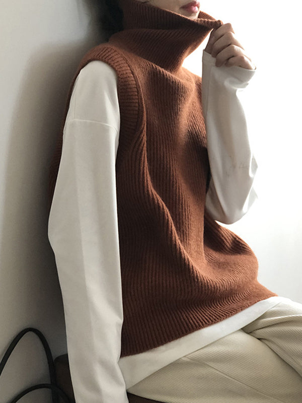 flowersverse Casual Loose Sleeveless Solid Color High-Neck Sweater Vest Outerwear