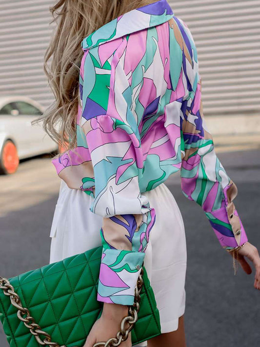 flowersverse Casual Loose Printed Lapel Collar Blouses&Shirts Tops