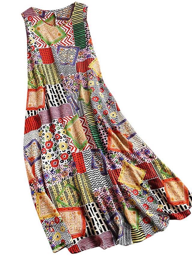 flowersverse Women's A-Line Dress Maxi Long Dress Sleeveless Tribal Print Summer Hot Casual Mumu Khaki M