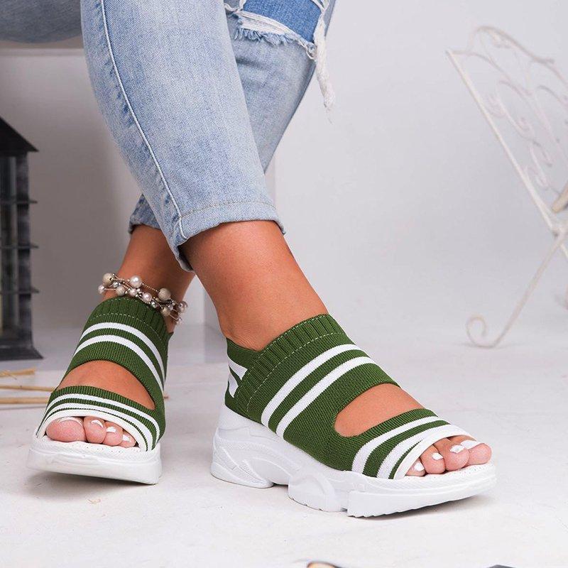 flowersverse Fashionkova New Women Sandals High Heels Platform Women Shoes Summer Female Flats Knitting Slip On Peep Toe Casual Women Sandals