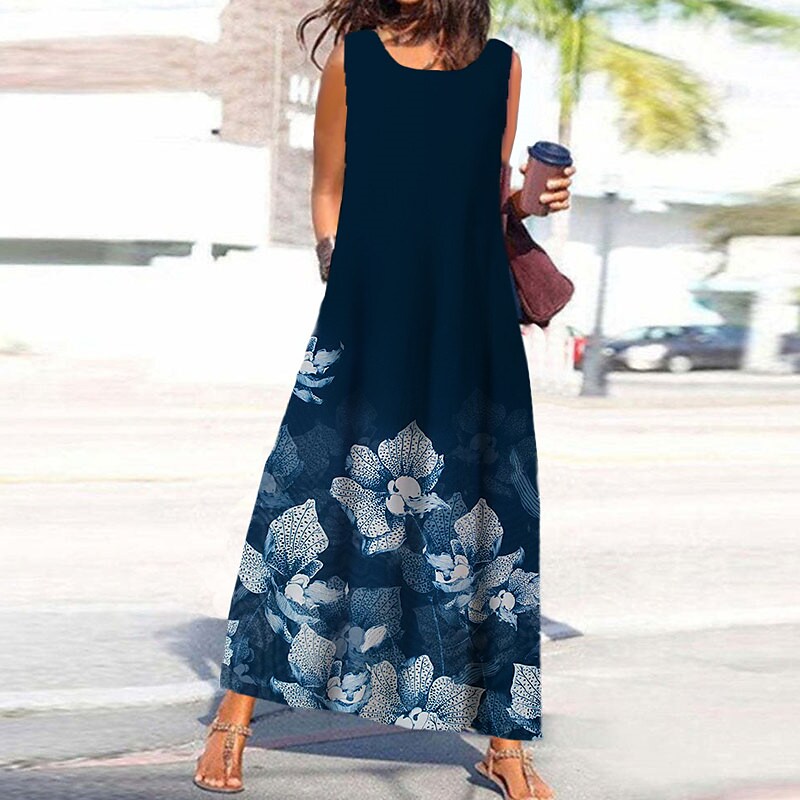 flowersverse Women's Casual Dress Shift Dress Long Dress Maxi Dress Navy Blue Blue Green Sleeveless Floral Print Spring Summer U Neck Vacation S M L XL XXL 3XL