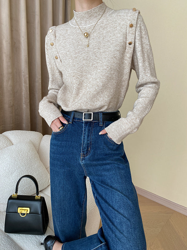 flowersverse Buttoned Split-Joint Long Sleeves High-Neck Sweater Tops