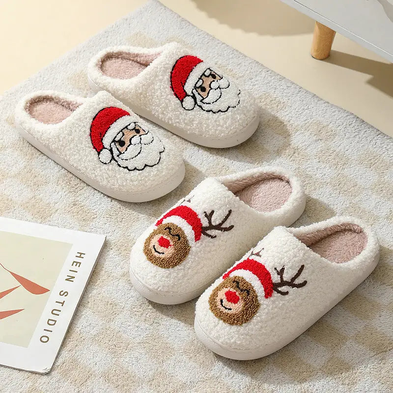 flowersverse Christmas Home Slippers Cute Cartoon Santa Claus Cotton Slippers For Women And Men Couples Winter Warm Furry Shoes