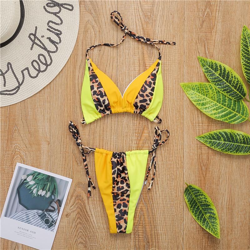 flowersverse Women's Swimwear Bikini Normal Swimsuit 2 Piece Printing Leopard Color Block Black and white color matching yellow color matching Bathing Suits Sports Summer