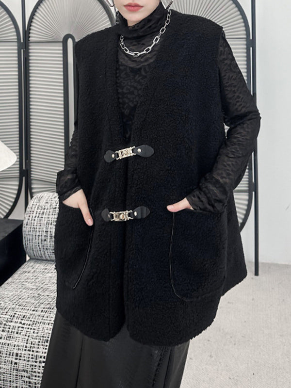 flowersverse Buckle Pockets Velvet Loose Sleeveless V-neck Vest Outerwear