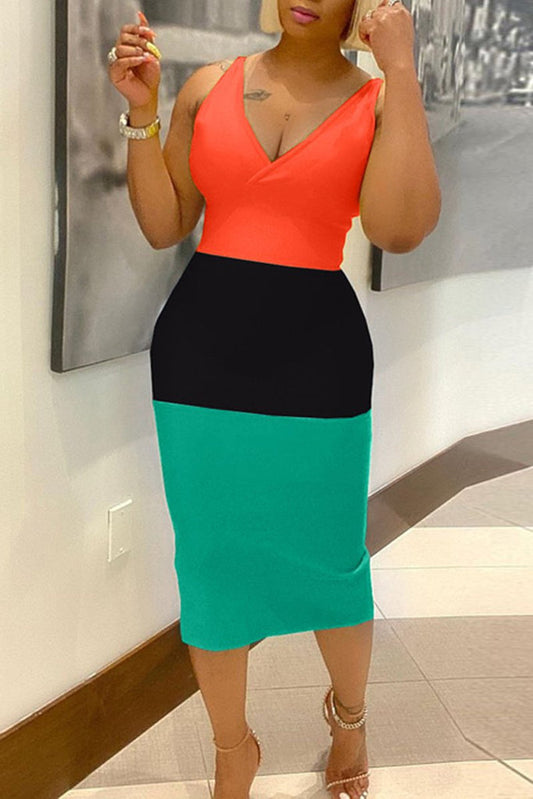 flowersverse V Neck Color Block Bodycon Midi Dress