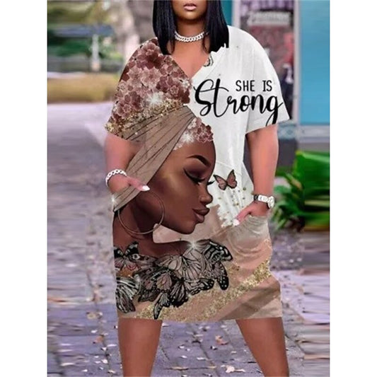 flowersverse Women's Plus Size Casual Dress T Shirt Dress Tee Dress Shift Dress Geometric Butterfly Midi Dress Short Sleeve Pocket Print V Neck Fashion Daily Brown Spring Summer L XL XXL 3XL 4XL