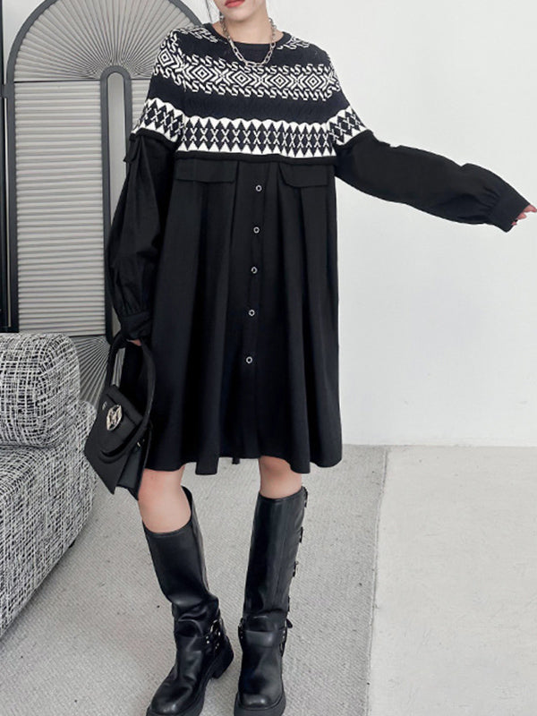 flowersverse Buttoned Contrast Color Split-Joint A-Line Long Sleeves Round-Neck Mini Dresses