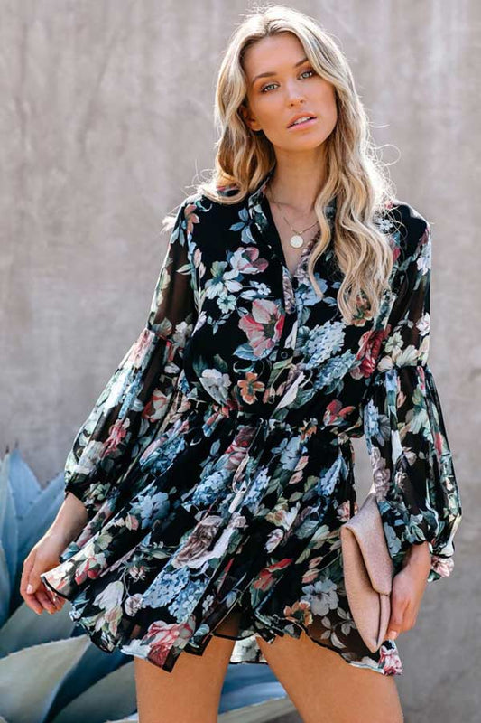 flowersverse Fashion Floral Print Shirt Dress