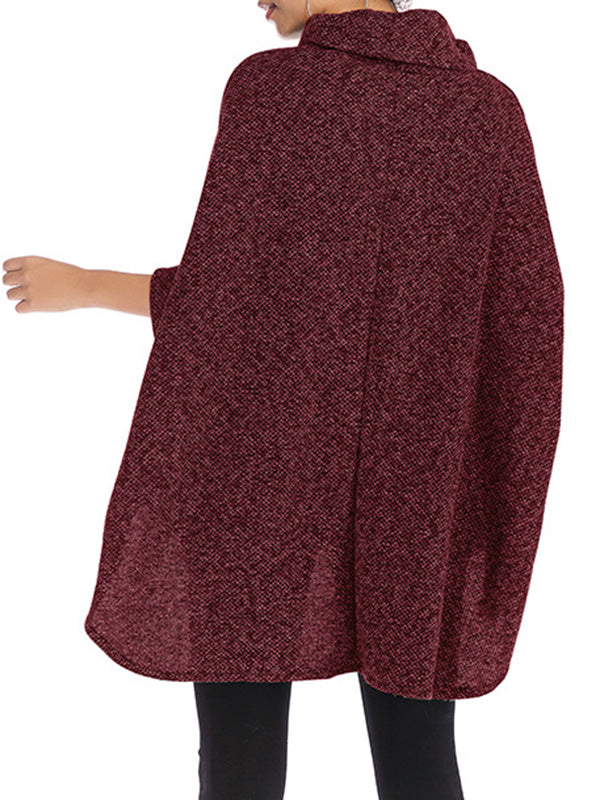 flowersverse Solid Color Batwing Sleeves High-Low High Neck Sweater Tops Pullovers Knitwear