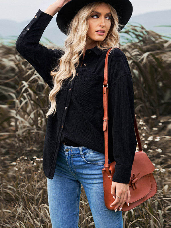 flowersverse Casual Corduroy Loose Solid Color Polo Shirt Top