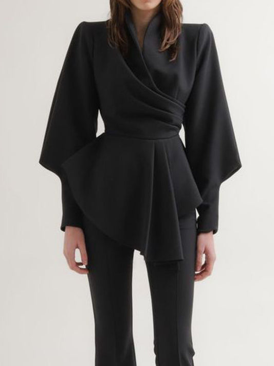 flowersverse Asymmetric Pleated Ruffled Solid Color Puff Sleeves V-Neck Blouses&Shirts Tops