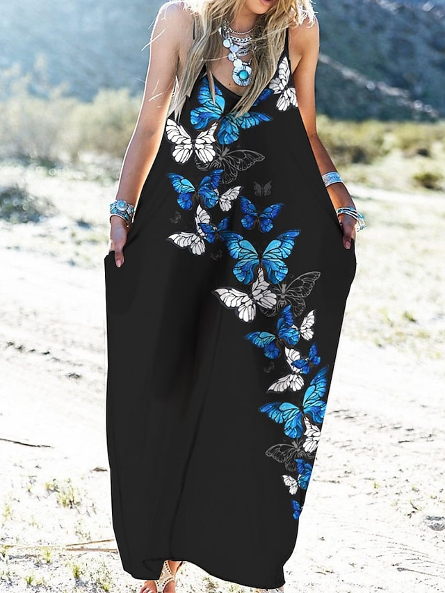 flowersverse Women's Long Dress Maxi Dress Casual Dress Swing Dress Graphic Casual Classic Vacation Beach Pocket Print Sleeveless Spaghetti Strap Dress Regular Fit Light Yellow Yellow Blue Spring Summer XS S M L