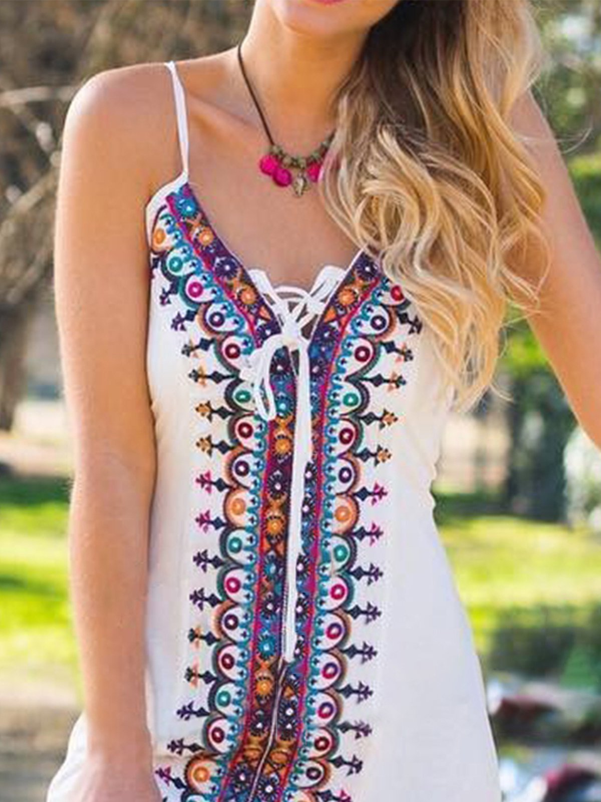 flowersverse Vintage Sleeveless Boho Floral Geometric V Neck Plus Size Casual Weaving Dress
