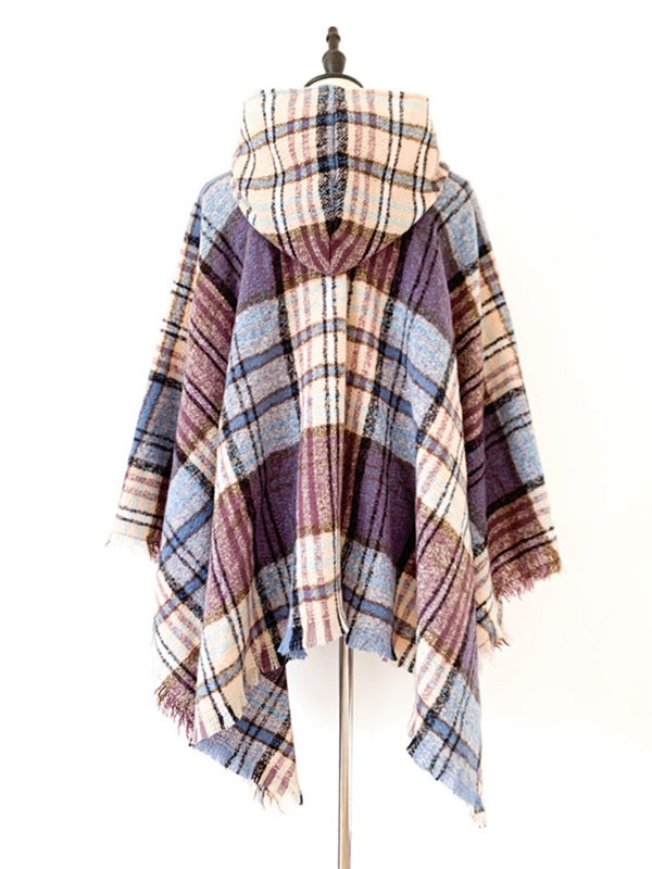 flowersverse Fringed Hooded Keep Warm Plaid Shawl&Cloak Cape