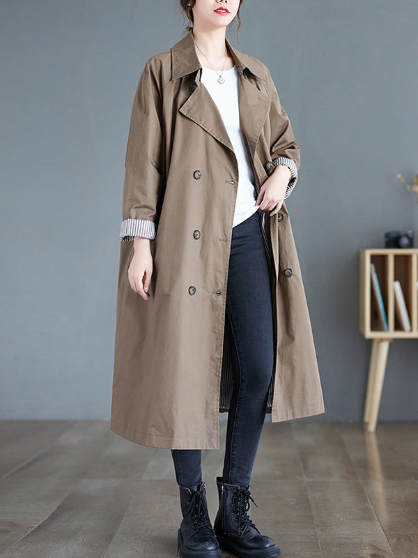 flowersverse Buttoned Pockets Long Sleeves Loose Notched Collar Trench Coats