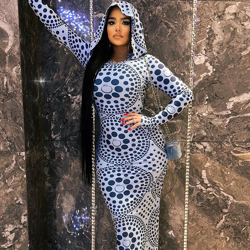 flowersverse Women Fashion Polka Dot Print Hooded Long Sleeve Street Trendy Bodycon Slim Dress