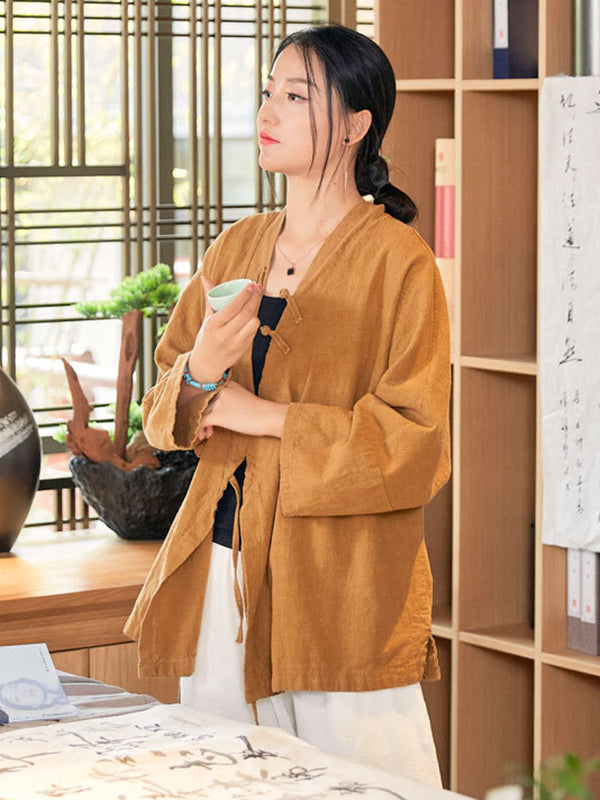 flowersverse Vintage Long Sleeves Loose Buttoned Tied Solid Color V-Neck Outerwear