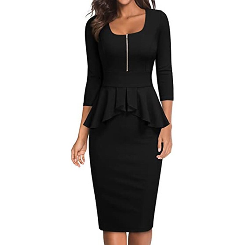 flowersverse Women's Work Dress Sheath Dress Semi Formal Dress Elegant Midi Dress Ruffle Zipper Square Neck 3/4 Length Sleeve Plain Regular Fit Black Wine Navy Blue Spring Summer S M L XL XXL