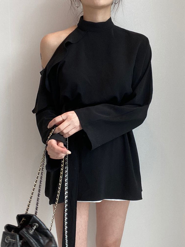 flowersverse Asymmetric Hollow Ruffled Solid Color Tied Waist Long Sleeves Loose Mock Neck Blouses&Shirts Tops