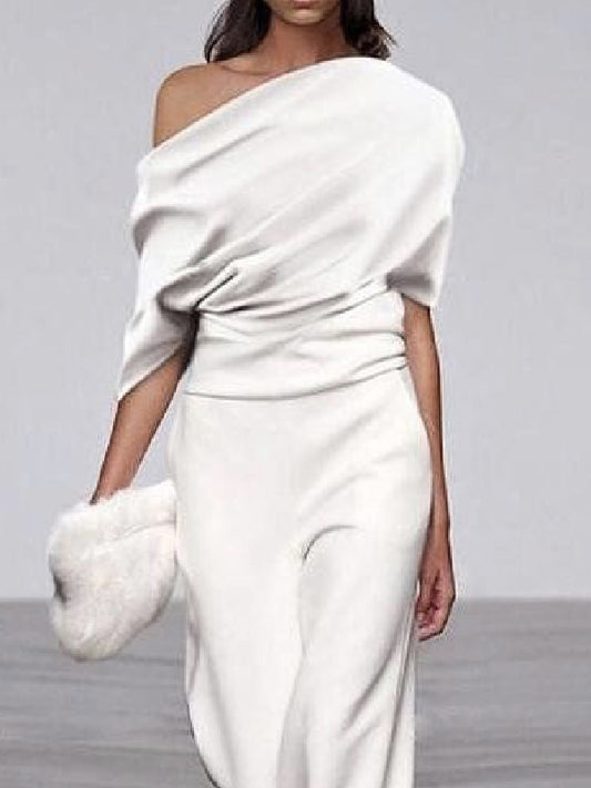 flowersverse Solid Color Short Sleeves One-Shoulder Top + Wide Leg Pants Two Pieces Set