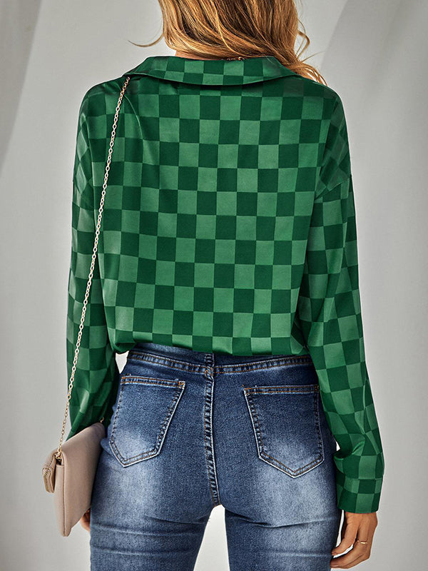 flowersverse Buttoned Plaid Long Sleeves Loose Lapel Blouses&shirts Tops