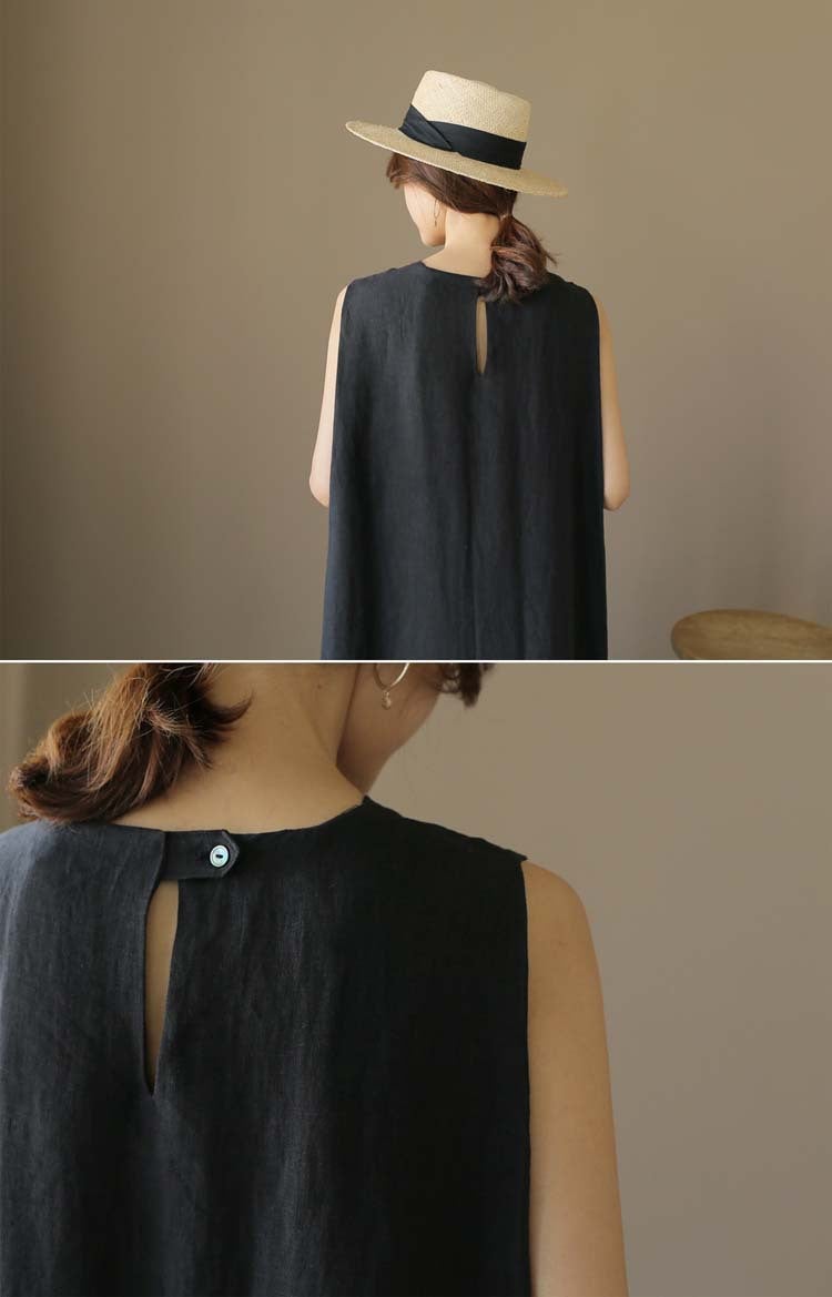 flowersverse Loose Cotton Vest Dress New Round Neck Sleeveless Long Dress Linen