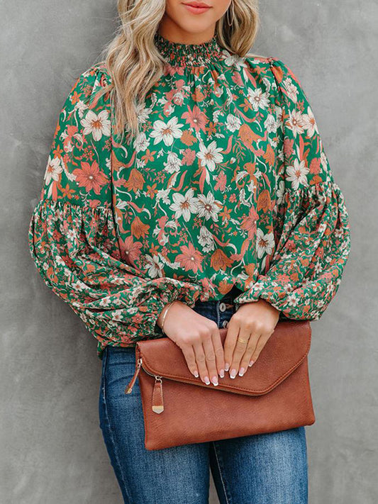 flowersverse Bohemia Loose Puff Sleeves Floral Printed Shirt Top