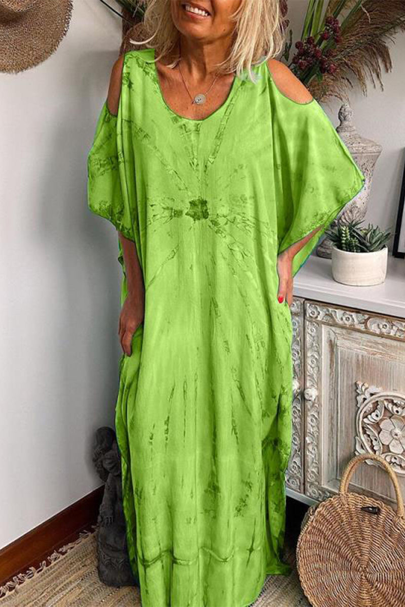 flowersverse Casual Tie Dye Patchwork O Neck Short Sleeve Dress Dresses