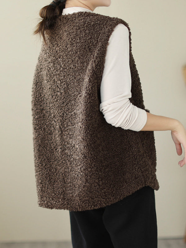 flowersverse Buttoned Pockets Loose Sleeveless Round-Neck Vest Outerwear