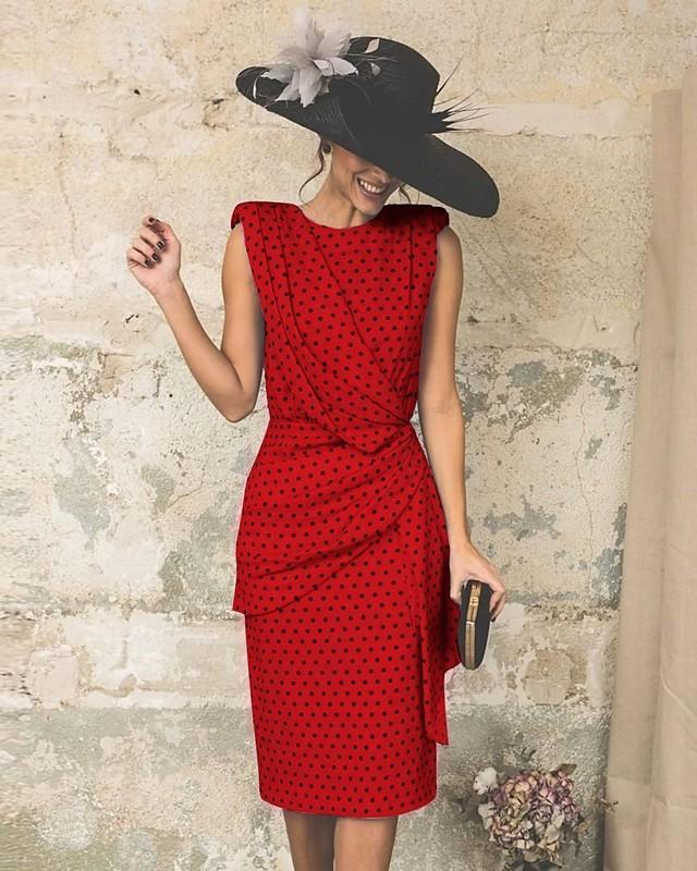 flowersverse Women's Sheath Dress Knee Length Dress - Sleeveless Polka Dot Print Polka Dots Ruched Spring & Summer Plus Size Hot Vintage White Red Light Blue