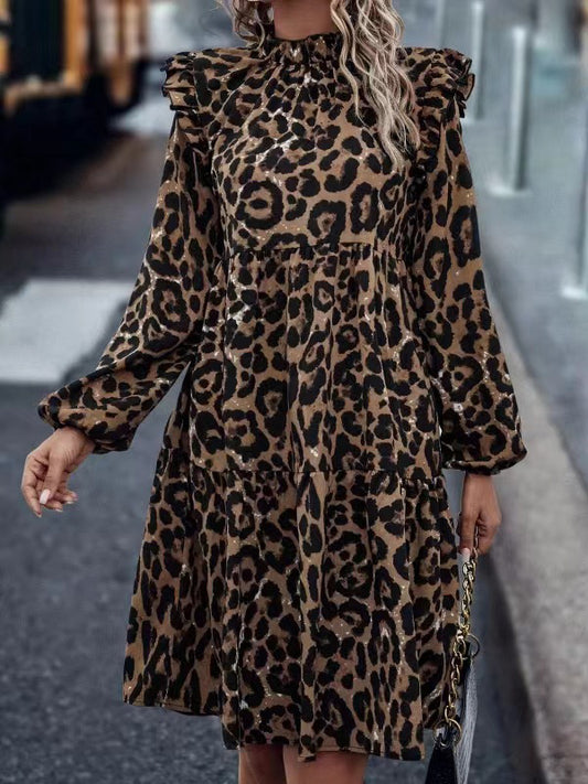 flowersverse Leopard Pleated Split-Joint Loose Puff Sleeves Stand Collar Midi Dresses