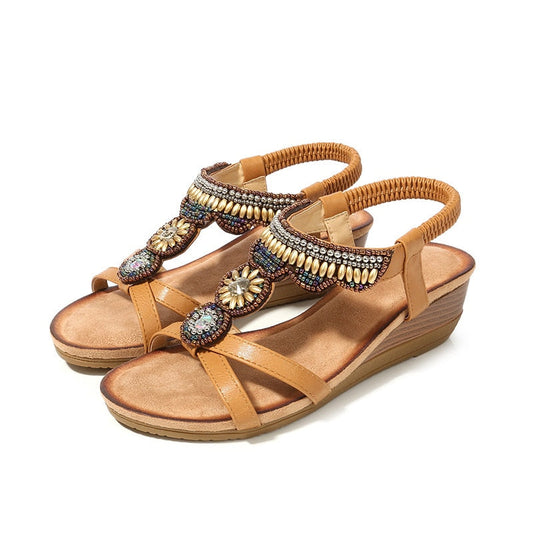 flowersverse Women Sandals Female Wedges Platform Heels Sandal Bohemia Style T-tied Slip on Ladies Shoes Summer Outdoor Plus Size