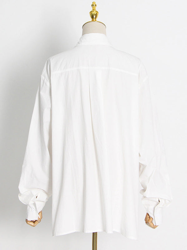 flowersverse Stylish Long Sleeves Weave Hollow Solid Color Lapel Blouses Top