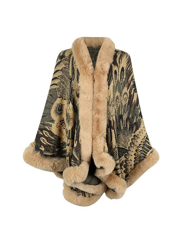 flowersverse Jacquard Keep Warm Velvet Long Sleeves Loose Collarless Shawl Cape