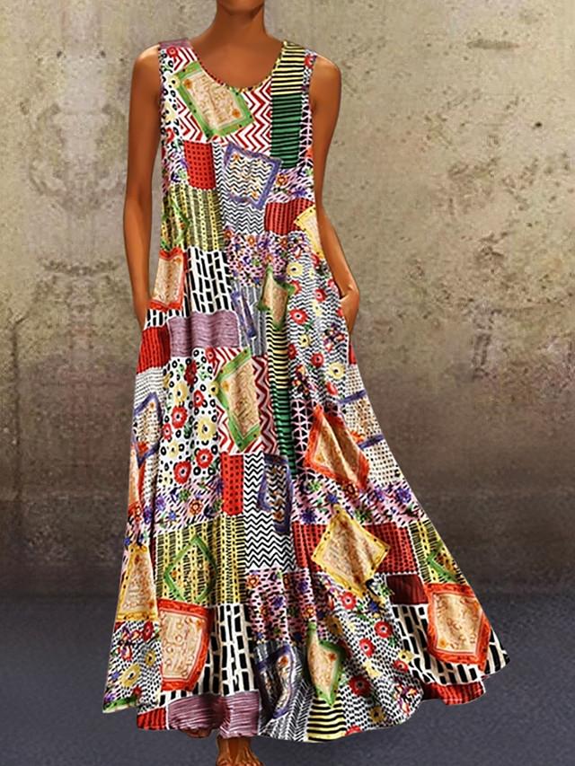 flowersverse Women's A-Line Dress Maxi Long Dress Sleeveless Tribal Print Summer Hot Casual Mumu Khaki M