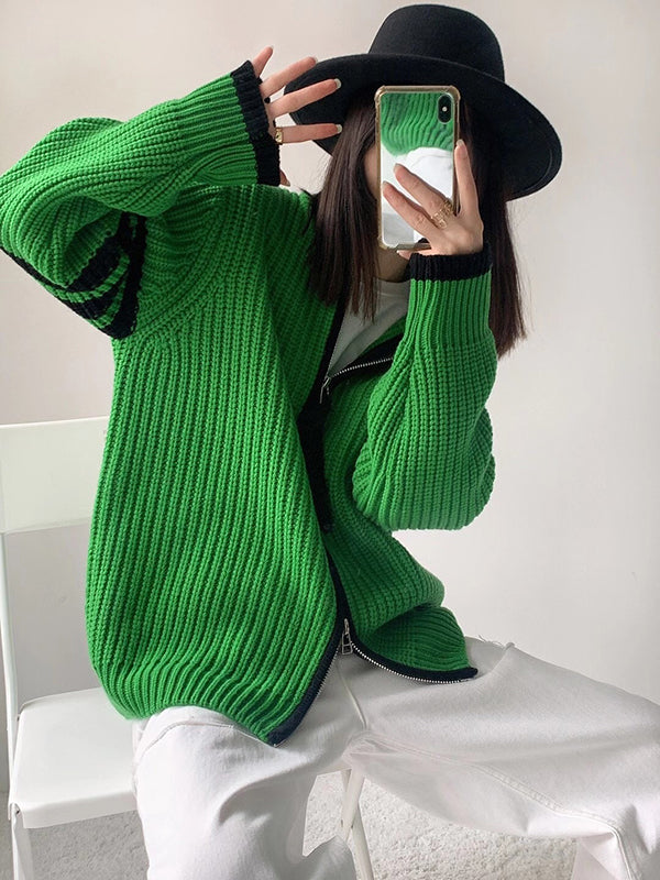 flowersverse Casual Contrast Color Zipper High-Neck Cardigan Tops