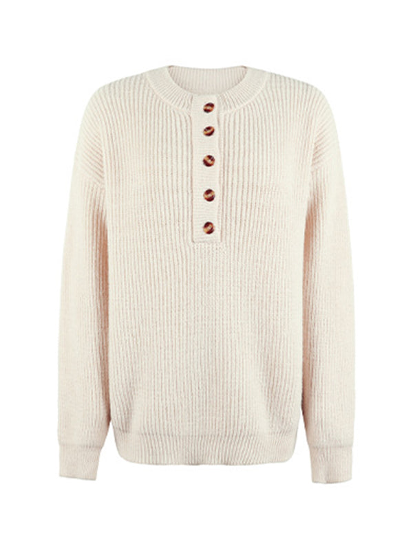 flowersverse Casual Long Sleeves Solid Color Round-Neck Sweater Tops