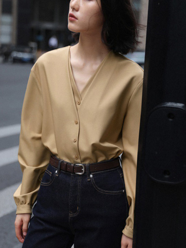 flowersverse Buttoned Solid Color False Two Long Sleeves V-Neck Blouses&Shirts Tops