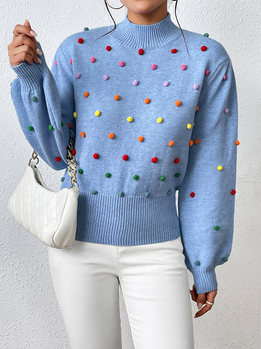 flowersverse Pompom Triming Long Sleeves Loose Round-Neck Sweater Tops Pullovers Knitwear
