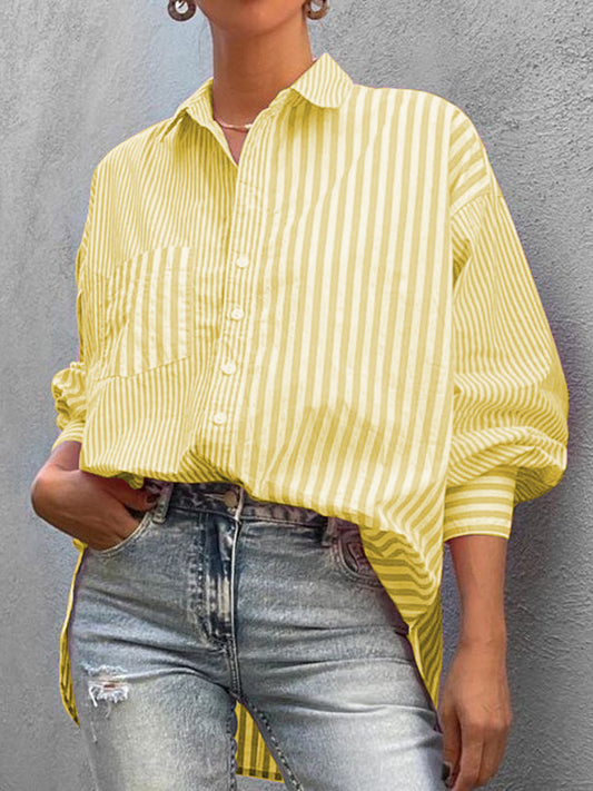 flowersverse Urban Loose Striped Lapel Collar Blouses&Shirts Tops