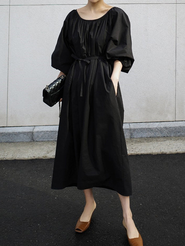 flowersverse Original Casual Loose Solid Color Pleated Puff Sleeves Midi Dress