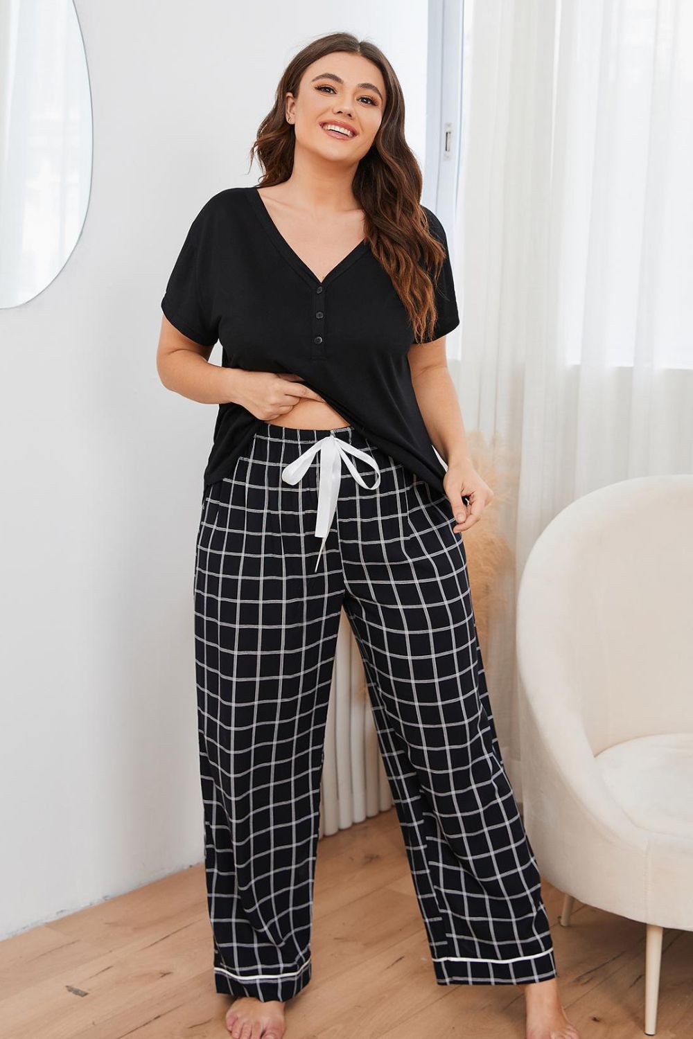 flowersverse Plus Size V-Neck Top and Plaid Pants Lounge Set
