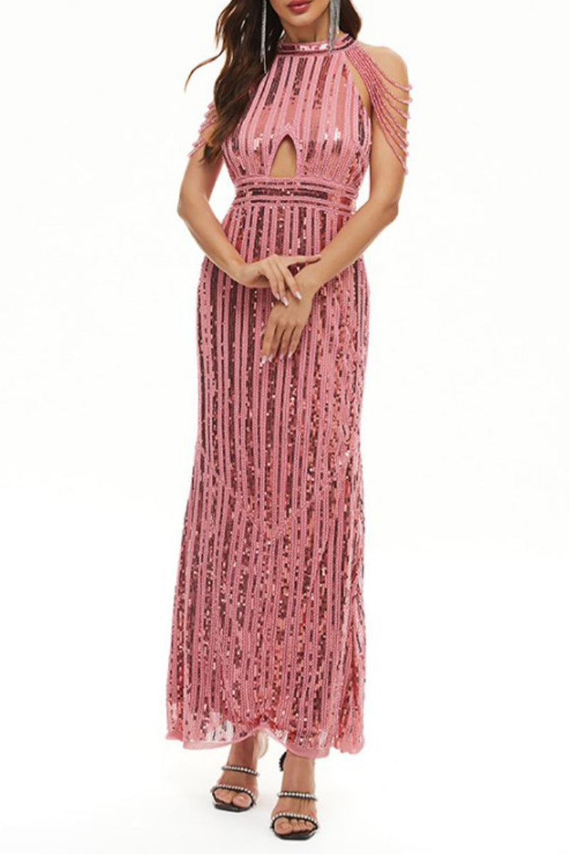 flowersverse Celebrities Elegant Solid Sequins Patchwork O Neck Evening Dress Dresses