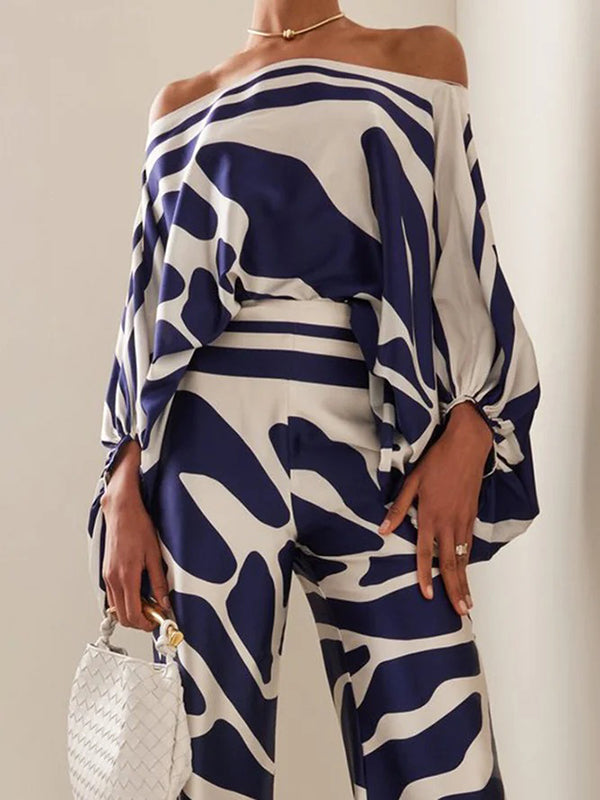 flowersverse Printed Off-The-Shoulder Top + Wide Leg Pants Two Pieces Set
