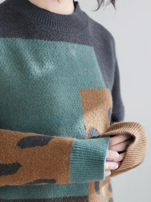 flowersverse Original Contrast Color Leopard Round-Neck Long Sleeves Sweater Top